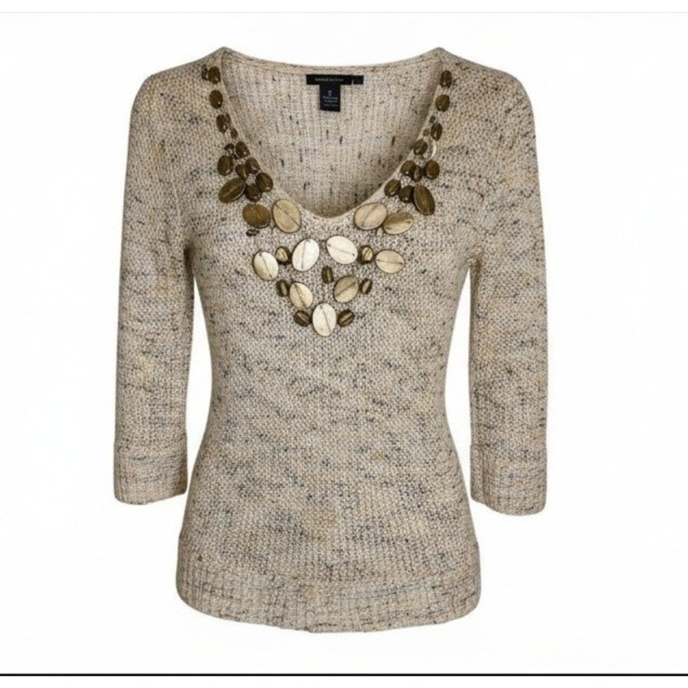 BCBG MAXAZRIA Womens Beige Deep V Neck Sweater Size M Marled Beaded Stones Artsy